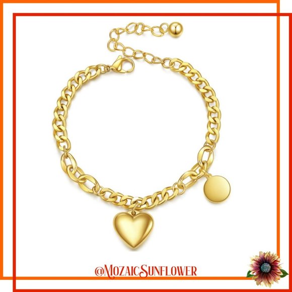 316L Stainless Steel Gold Overlay Cuban Chain with Heart Charm Bracelet - Picture 1 of 4